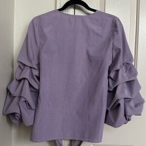 Sunday in Brooklyn Gingham Ruffle Sleeve Top Navy & Burgundy XS Tie Waist V-Neck